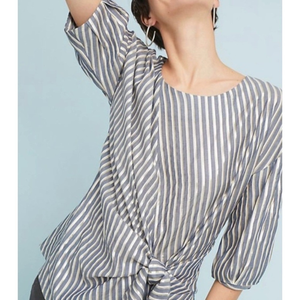 Eva Franco Womens Blue Gold Metallic Striped Faux Wrap Tie Waist Blouse Size 0